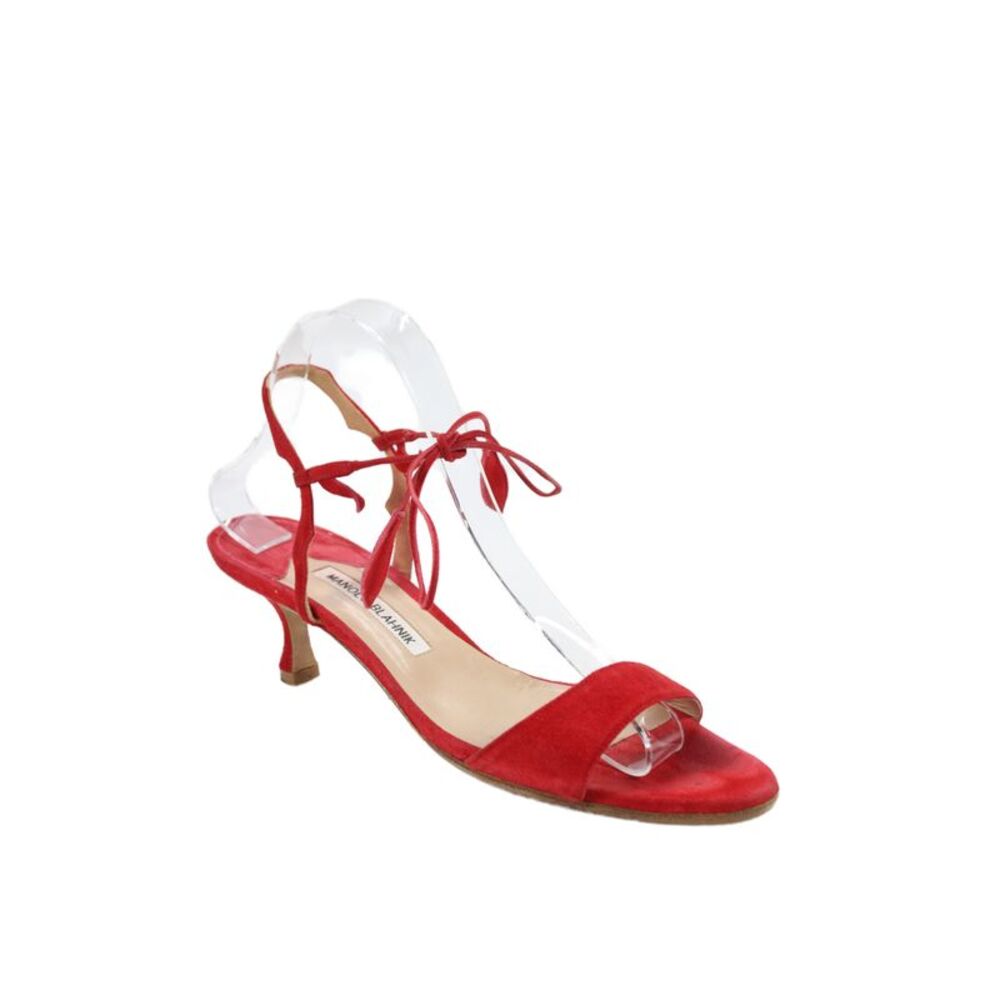 Manolo Blahnik Womem's Suede Leather Open Toe Ankle Wrap Sandals Red Size 39.5